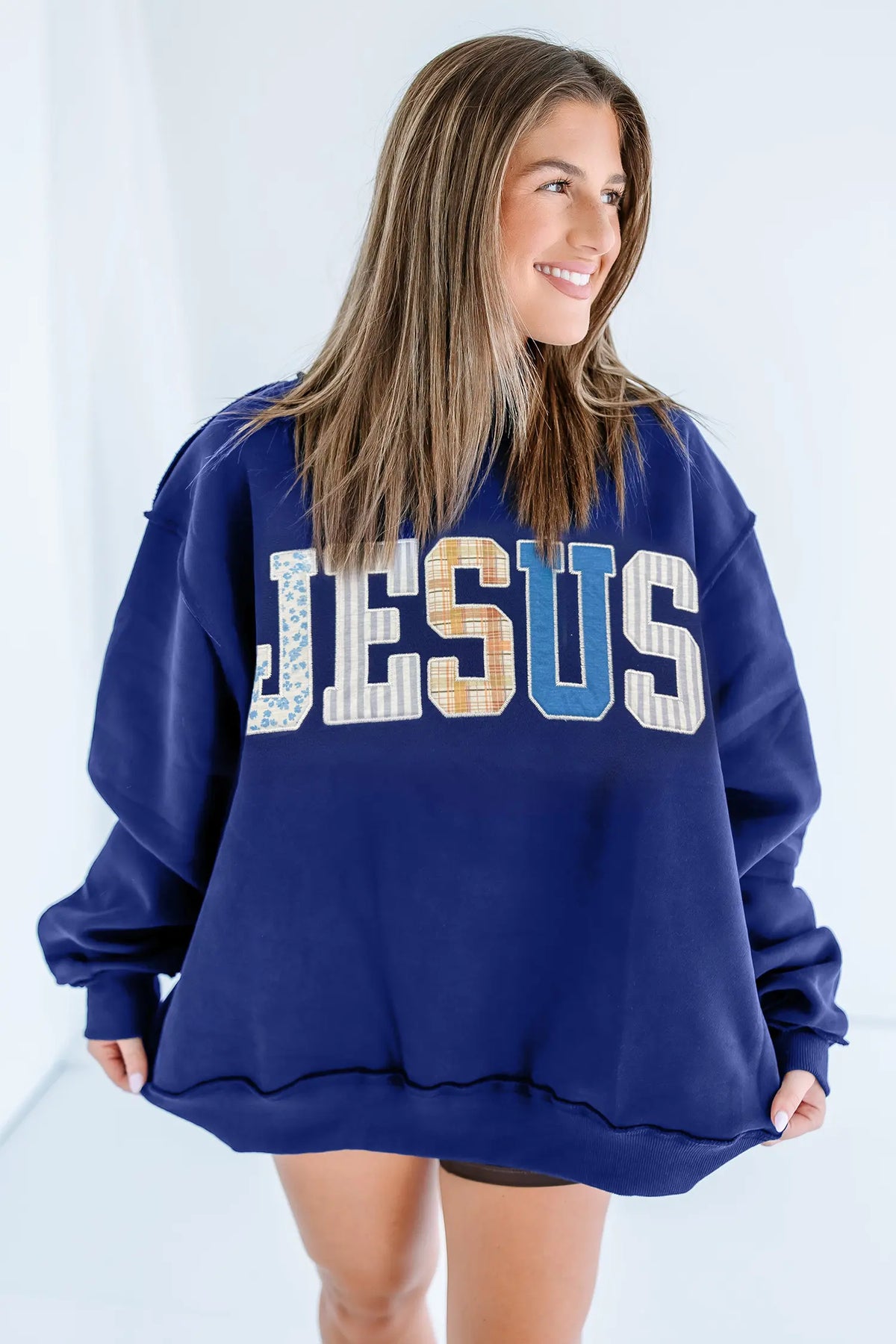 Mock Neck Sweatshirt JESUS Mixed Pattern Embroidered Patch Graphic