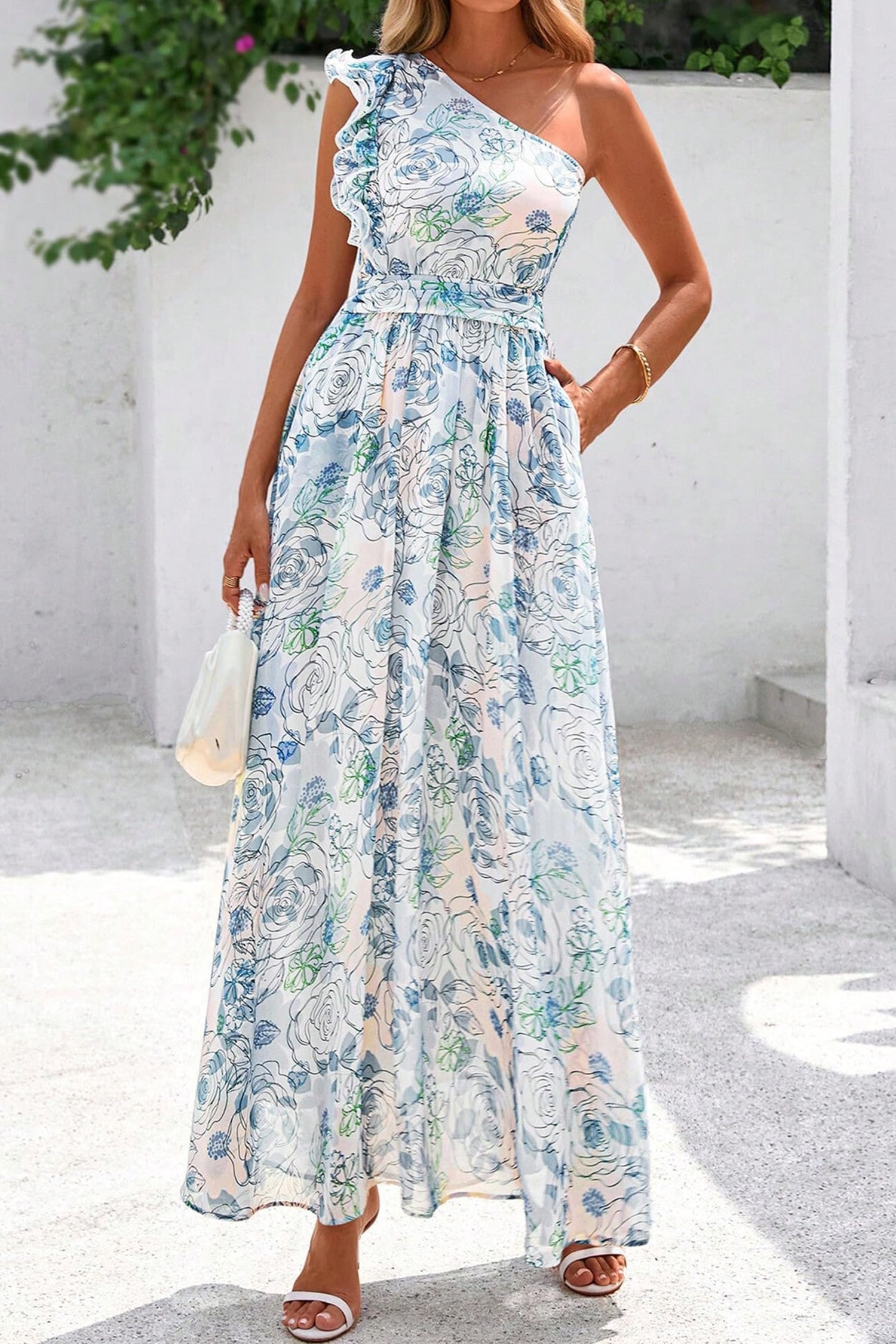 Sky Blue Floral Print Ruffled One Shoulder Maxi Dress