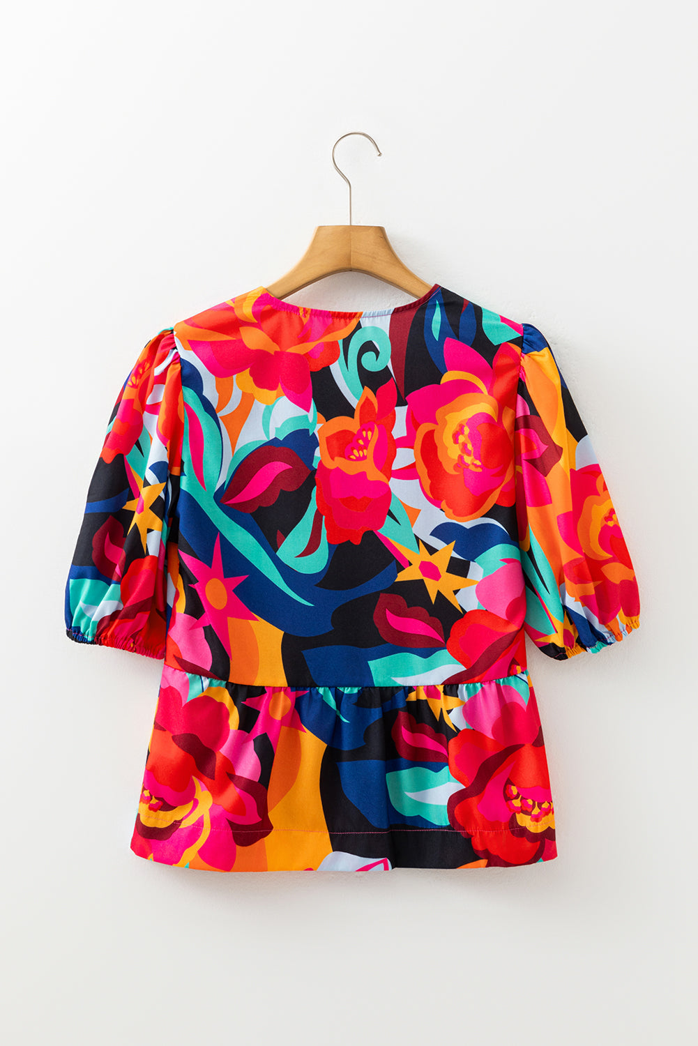Abstract Floral Print Front Tied Puff Sleeve Babydoll Blouse - eAura