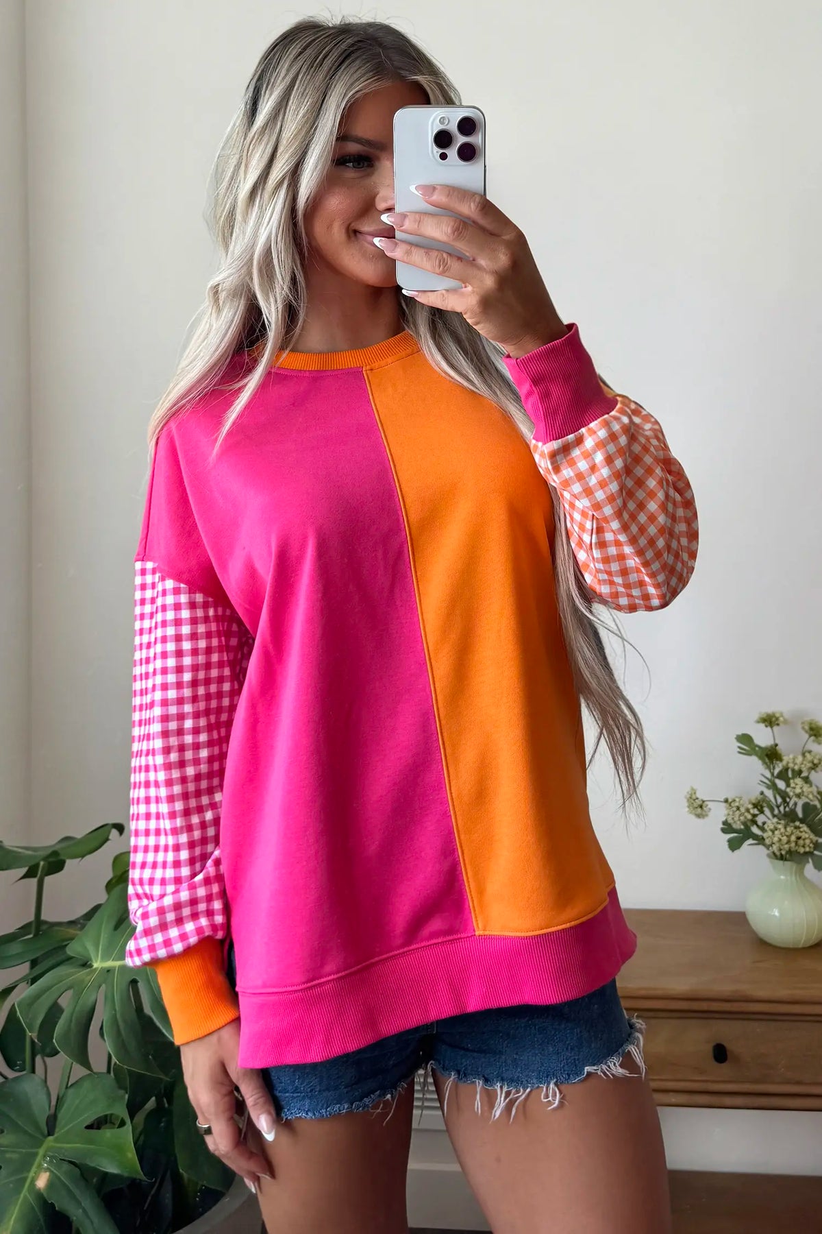 Colourblock Gingham Sleeve Crewneck Sweatshirt – Rose Red