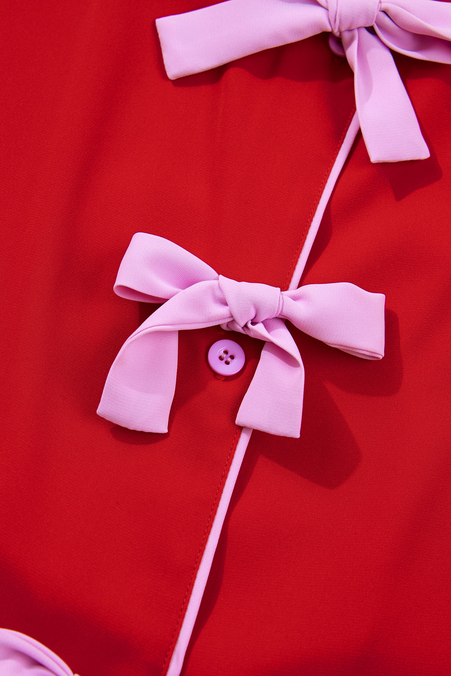 Contrast Trim Ribbon Bow Short Silky 2pcs Pajama Set – Fiery Red