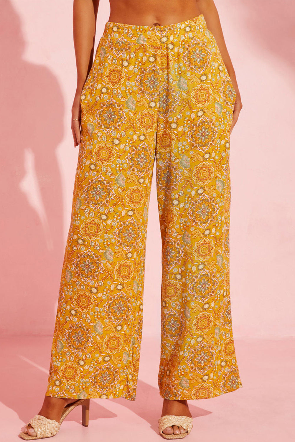 Yellow Bohemian Floral Print Pocketed Wide Leg Pants Beagle Boutique Fashion Outlet