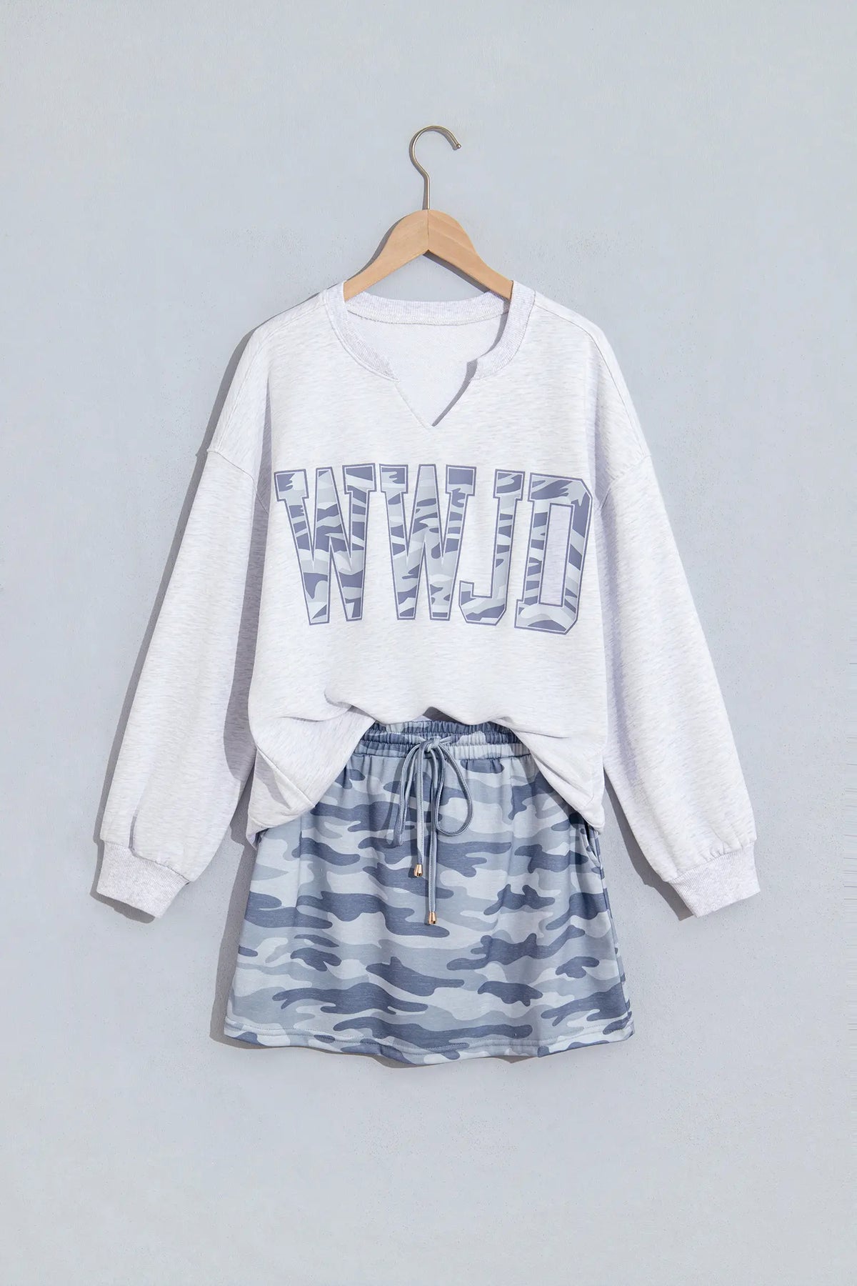 Gray Camo Letter Print Lounge Long Sleeve Top Skort 2pcs Set
