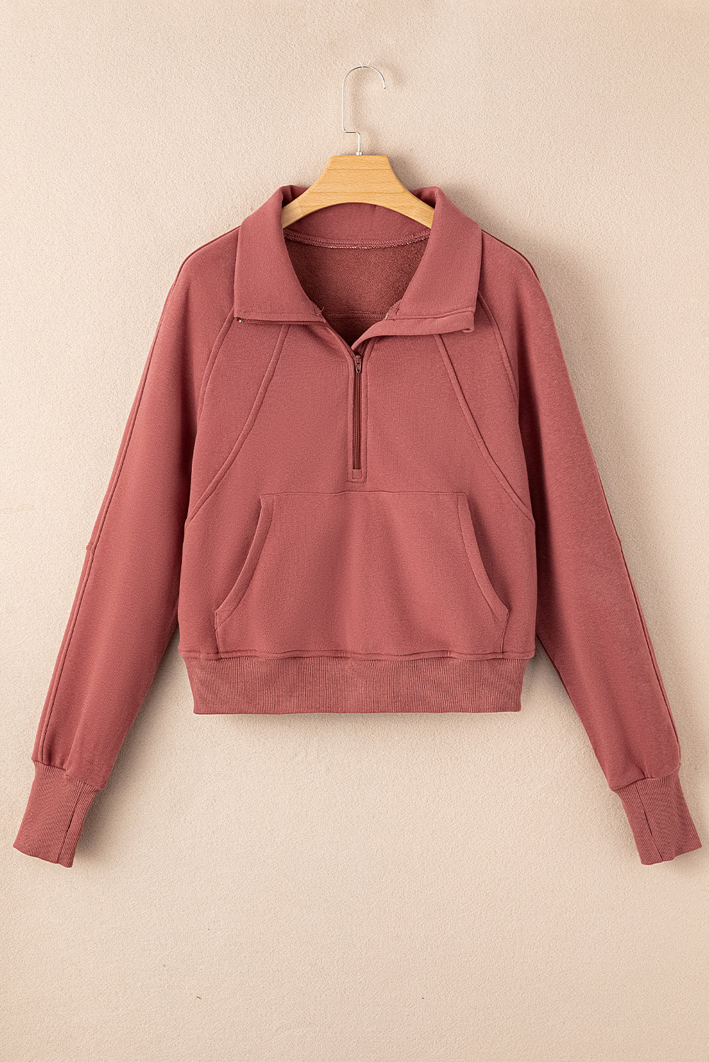 Brown Fleece Lined Zip Up Stand Collar Thumbhole Sleeve Sweatshirt eAura