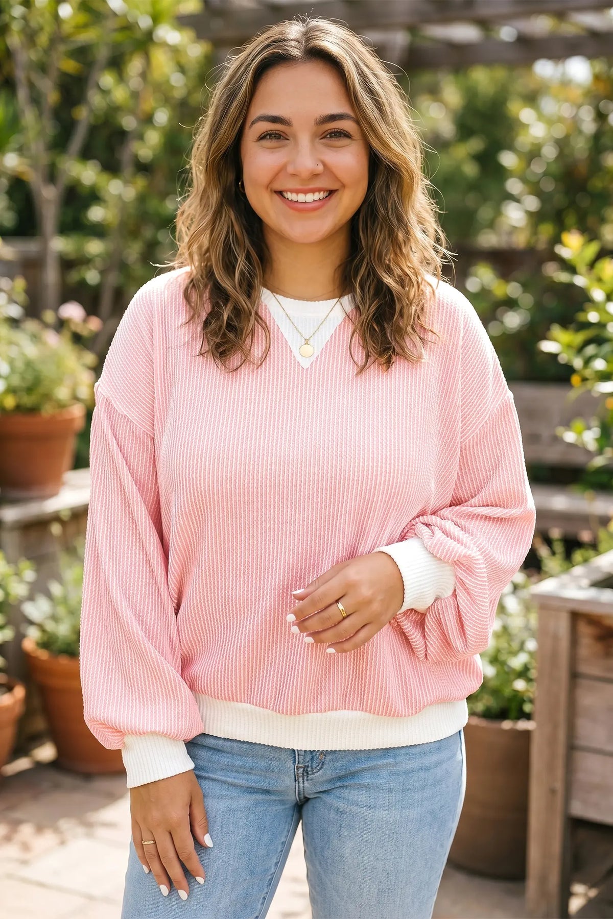 Ribbed Knit Colourblock Long Sleeve Round Neck Plus Size Blouse – Pink