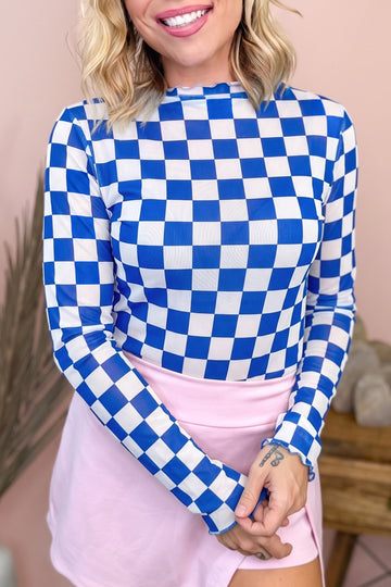 Plaid Mesh Sheer Long Sleeve Top – Dark Blue