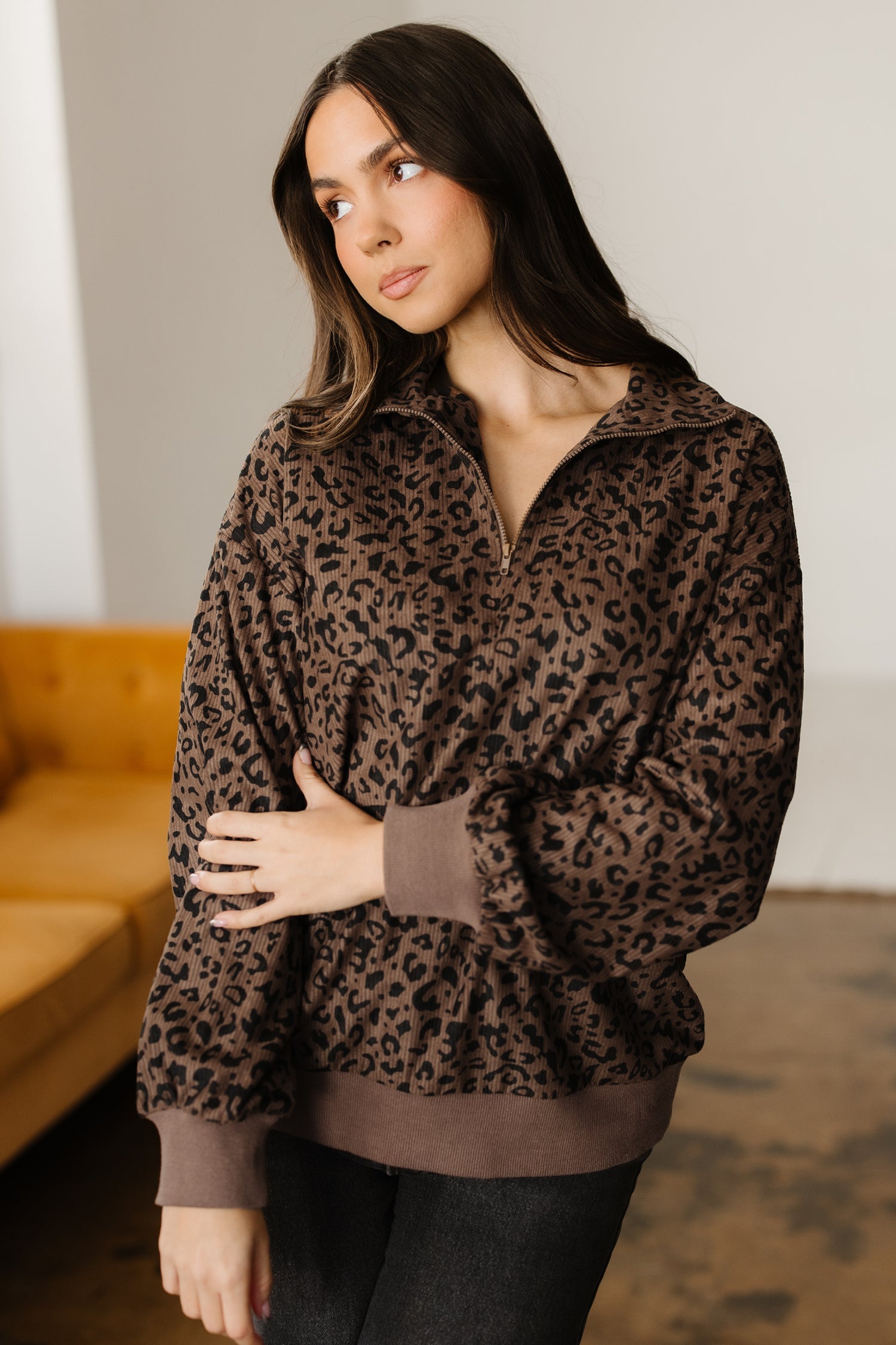 Leopard Print Quarter Zip Soft Corduroy Sweatshirt - Tops/Sweatshirts & Hoodies