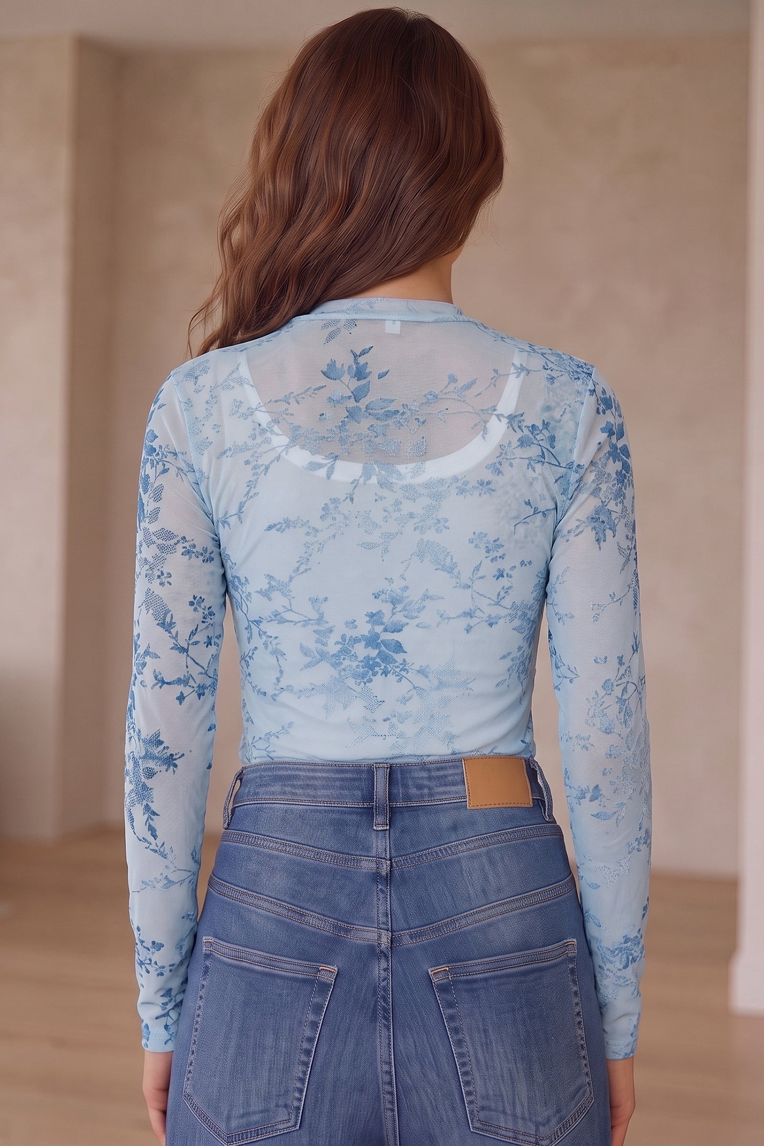 Sky Blue Sheer Mesh Floral Printed Mock Neck Long Sleeve Bodysuit – Light Blue