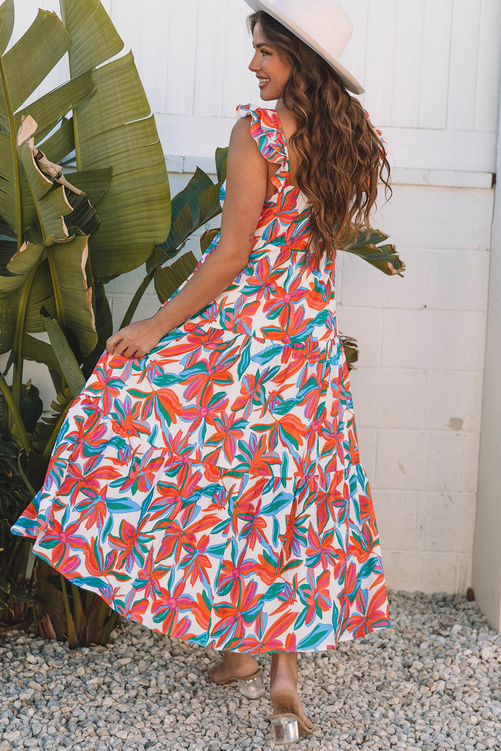 Red Boho Floral Ruffled Strap V Neck Maxi Dress eAura