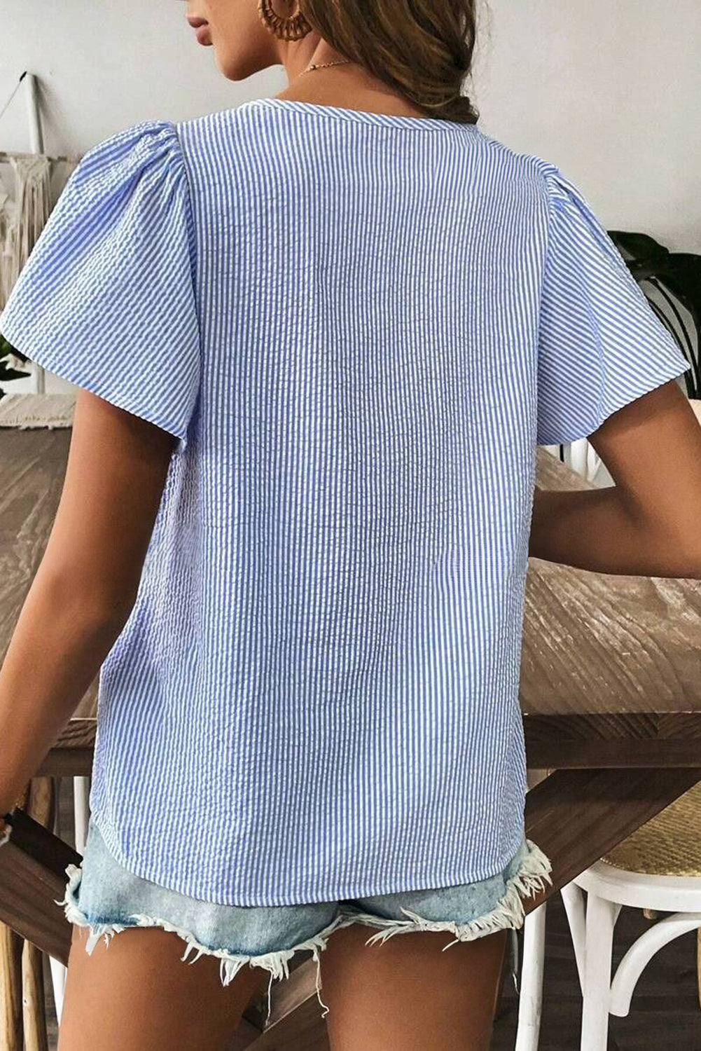 Sky Blue Stripe Textured Ruffle Short Sleeve Boho Detail Square Neck Blouse eAura