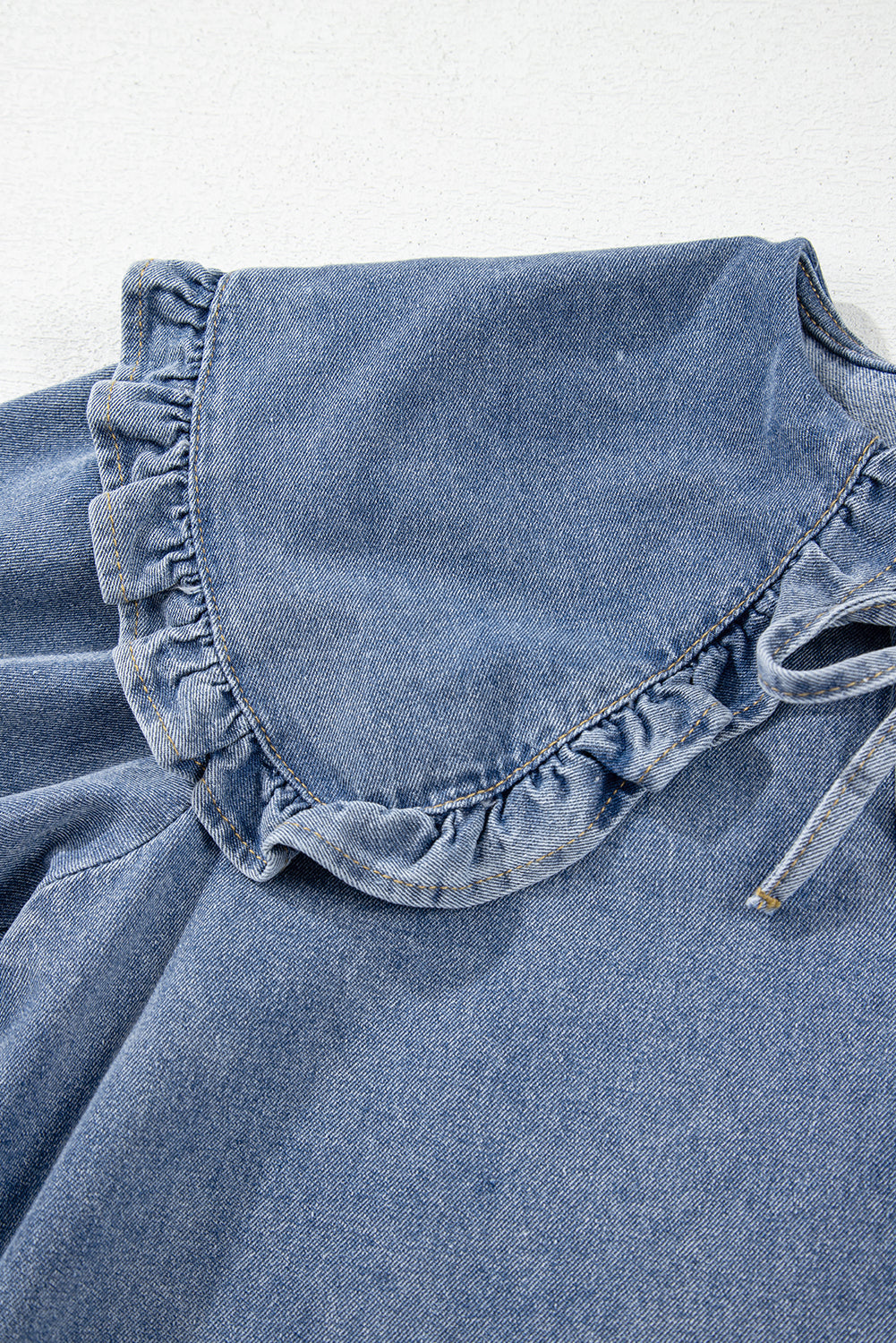 Dusk Blue Ruffled Collared Side Pockets Puff Sleeve Denim Mini Dress eAura