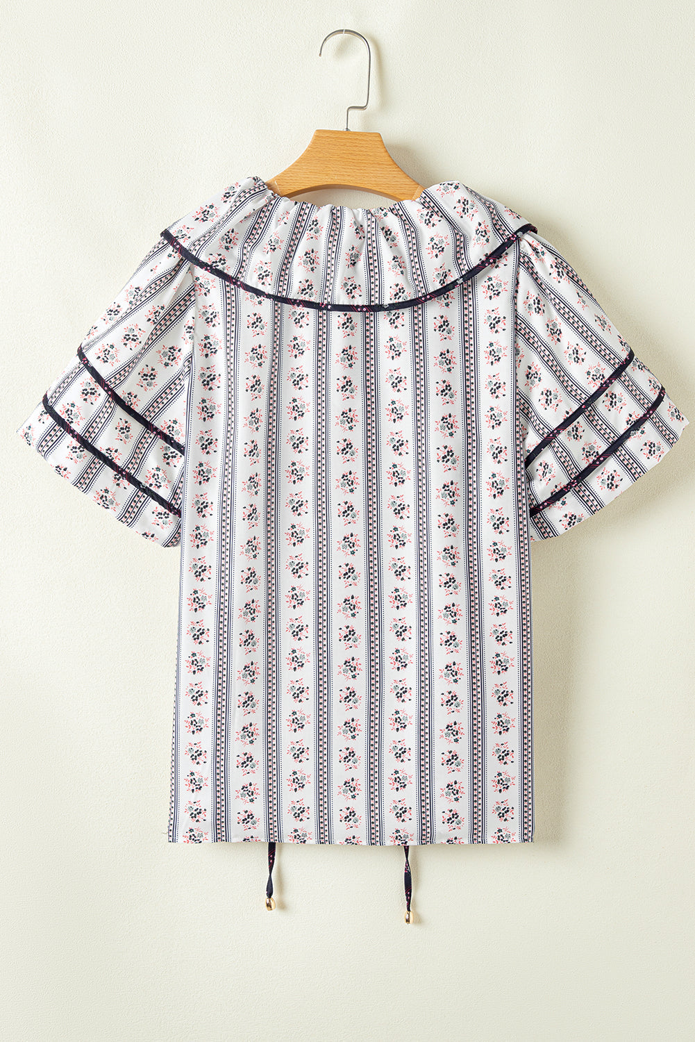 White Floral Ruffled Collar Short Puff Sleeve Printed Blouse eAura