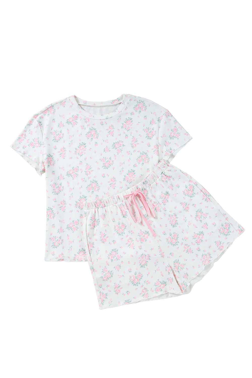 Pink Floral Lettuce Trim Tee and Shorts Ribbed Lounge Set eAura