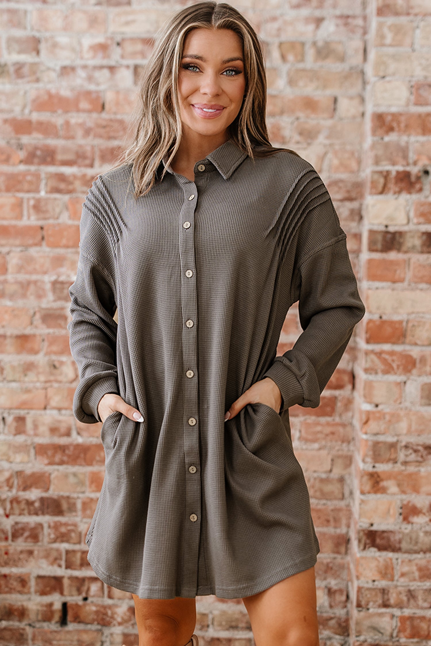 Waffle Knit Shirt Tunic Dress - eAura