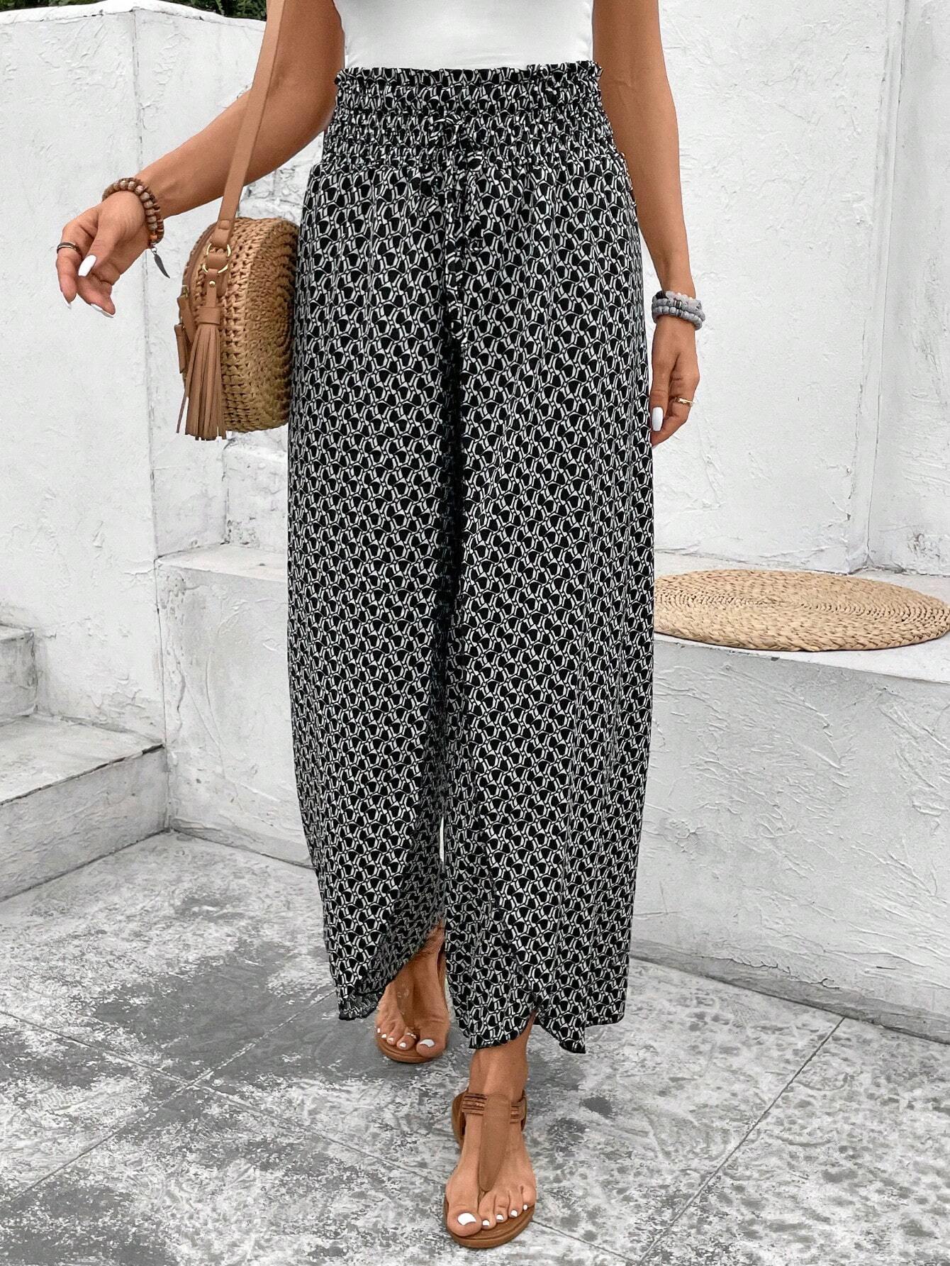 Black Bohemian Print Slit Wide Leg Smocked High Waist Trousers eAura