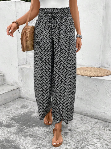 Black Bohemian Print Slit Wide Leg Smocked High Waist Trousers eAura