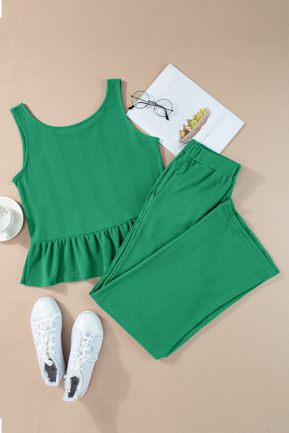 Green Solid Colour Ribbed Ruffle Tank Top and Trousers Set eAura