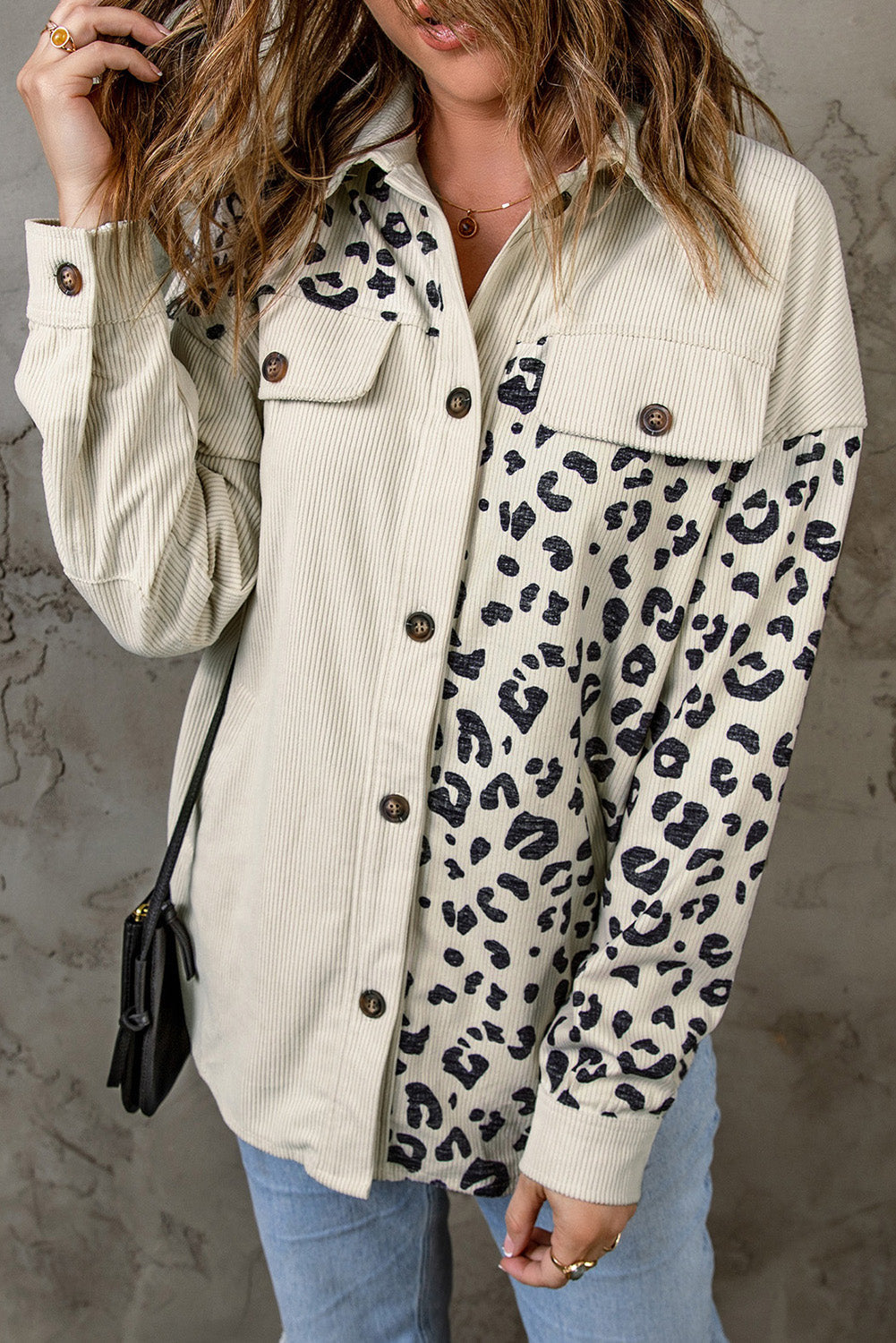 Apricot Leopard Print Detail Pocketed Corduroy Jacket eAura