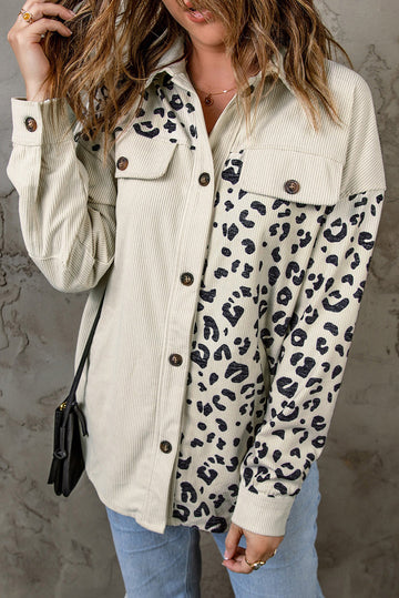 Apricot Leopard Print Detail Pocketed Corduroy Jacket eAura