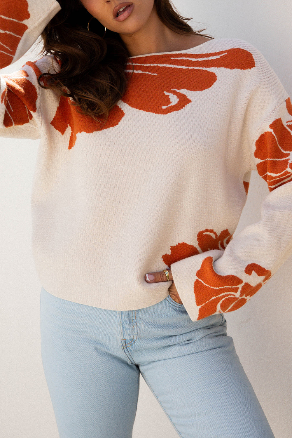 Bold Flower Pattern Wide Sleeve Overside Sweater - eAura
