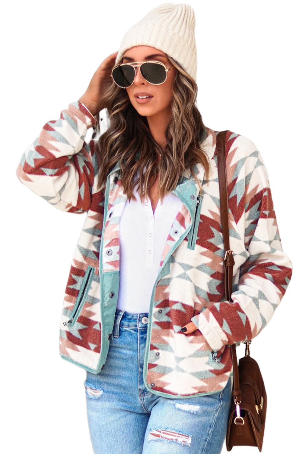 Fiery Red Western Aztec Buttoned Zipper Pockets Fleece Jacket eAura
