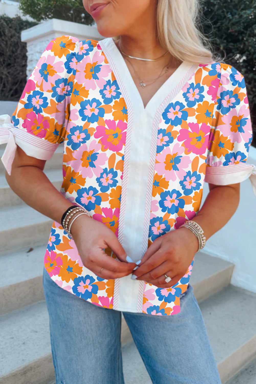 White Floral Striped Edge V Neck Knotted Short Sleeve Blouse eAura