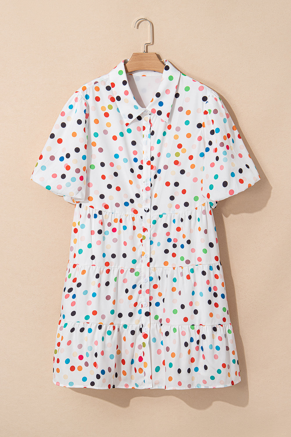White Polka Dot Print Bubble Sleeve Button Up Plus Size Shirt Dress BB Fashion Outlet