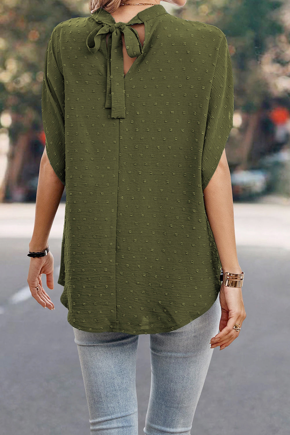 Mist Green Swiss Dot Mock Neck Batwing Sleeve Blouse BB Fashion Outlet