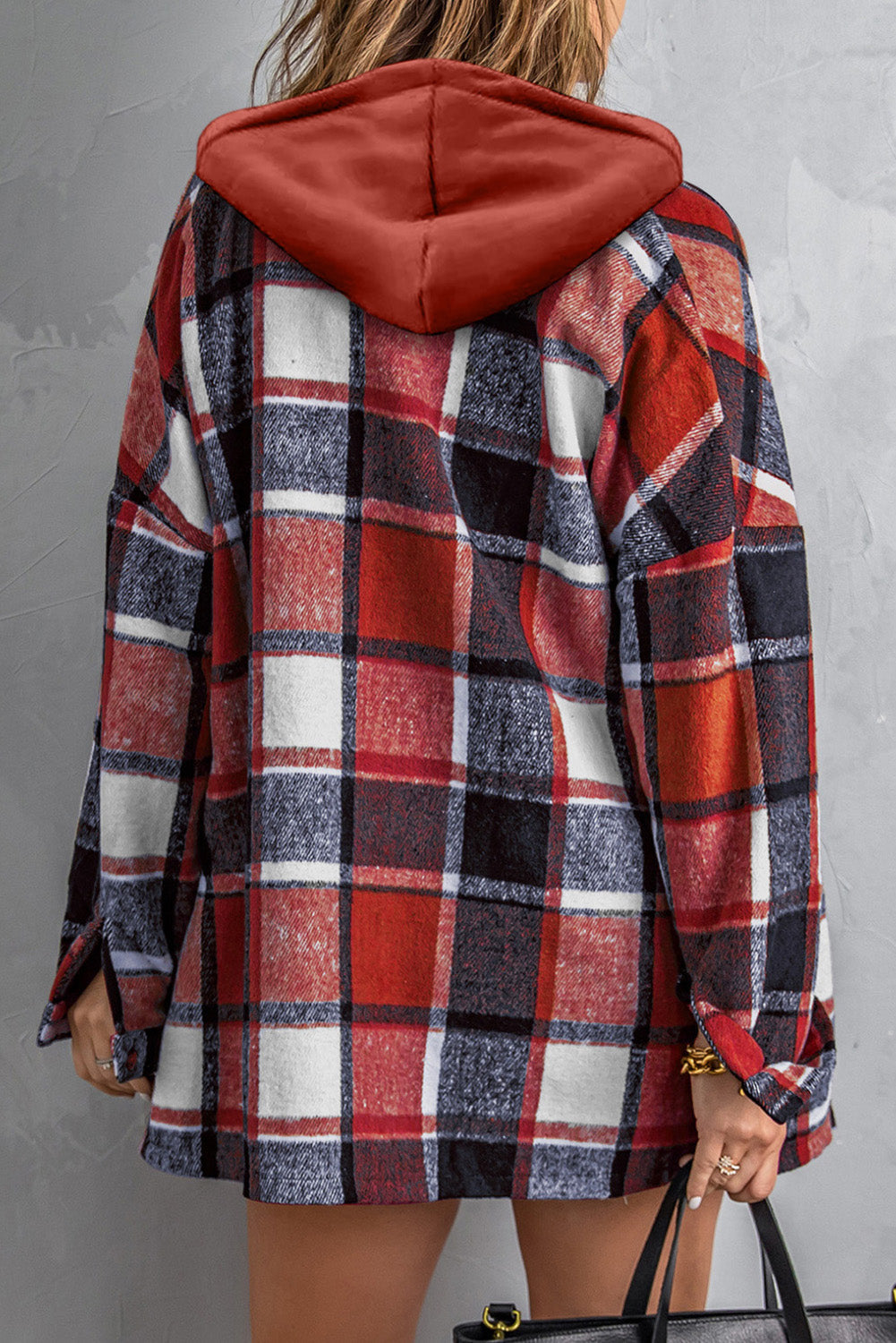 Fiery Red Hooded Plaid Button Front Shacket eAura