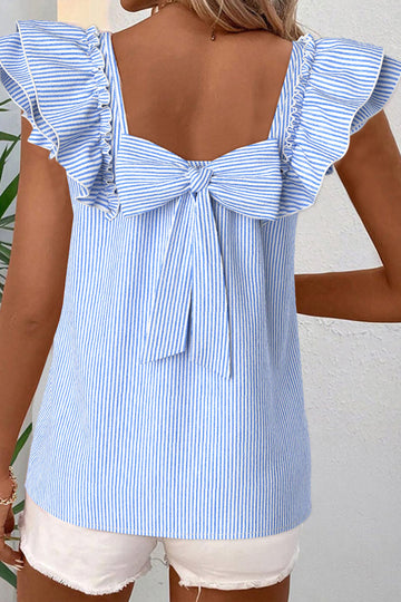 Square Neck Bow Back Ruffle Sleeve Blouse – Blue Stripe