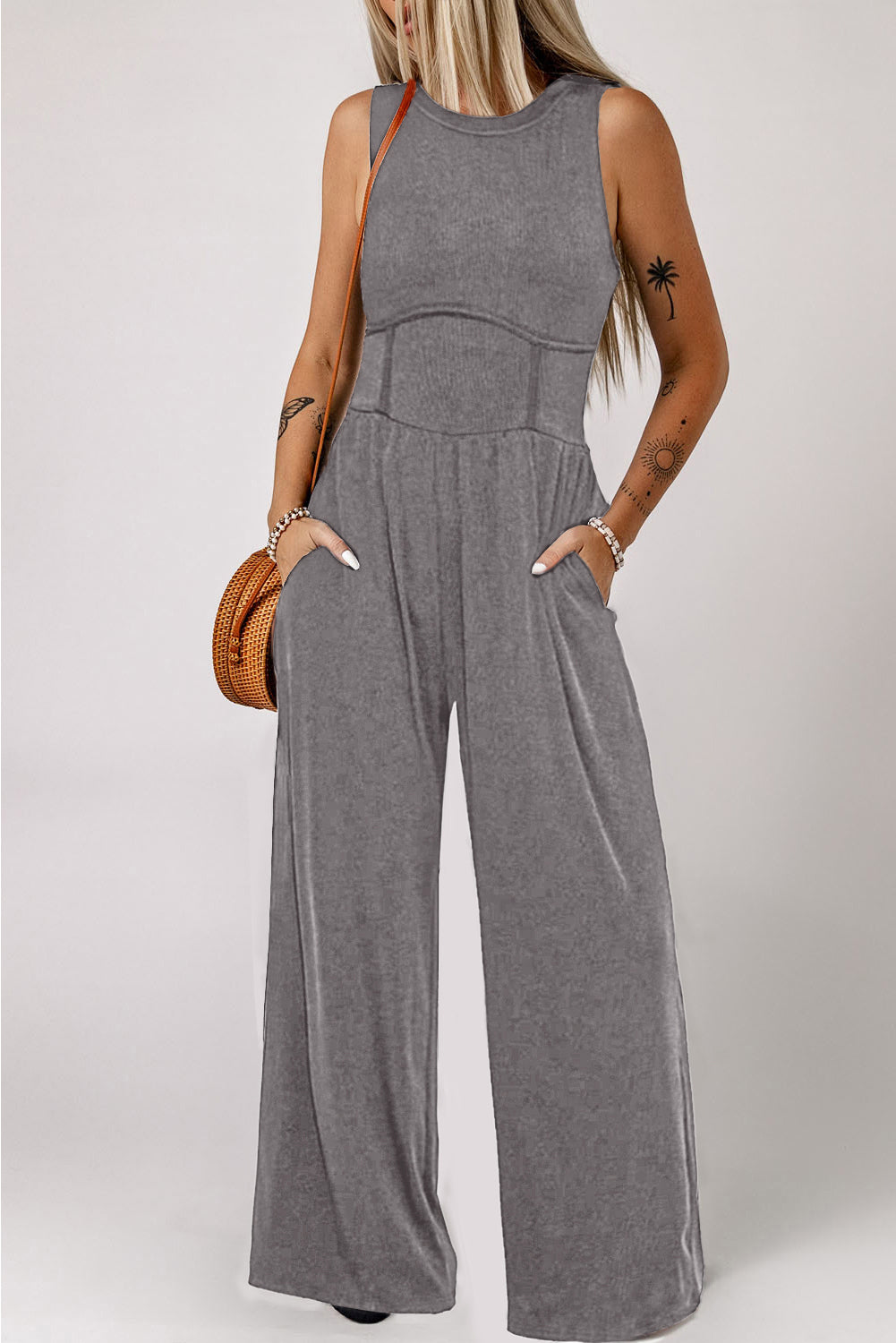 Blackish Green Cinched Waist Sleeveless Wide Leg Jumpsuit eAura