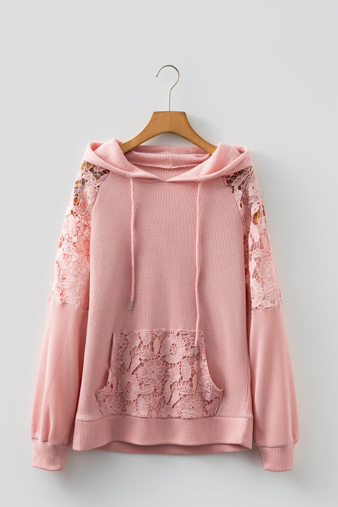 Lace Patchwork Raglan Sleeve Kangaroo Pocket Waffle Hoodie - eAura