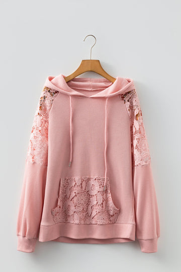 Lace Patchwork Raglan Sleeve Kangaroo Pocket Waffle Hoodie - Tops/Sweatshirts & Hoodies