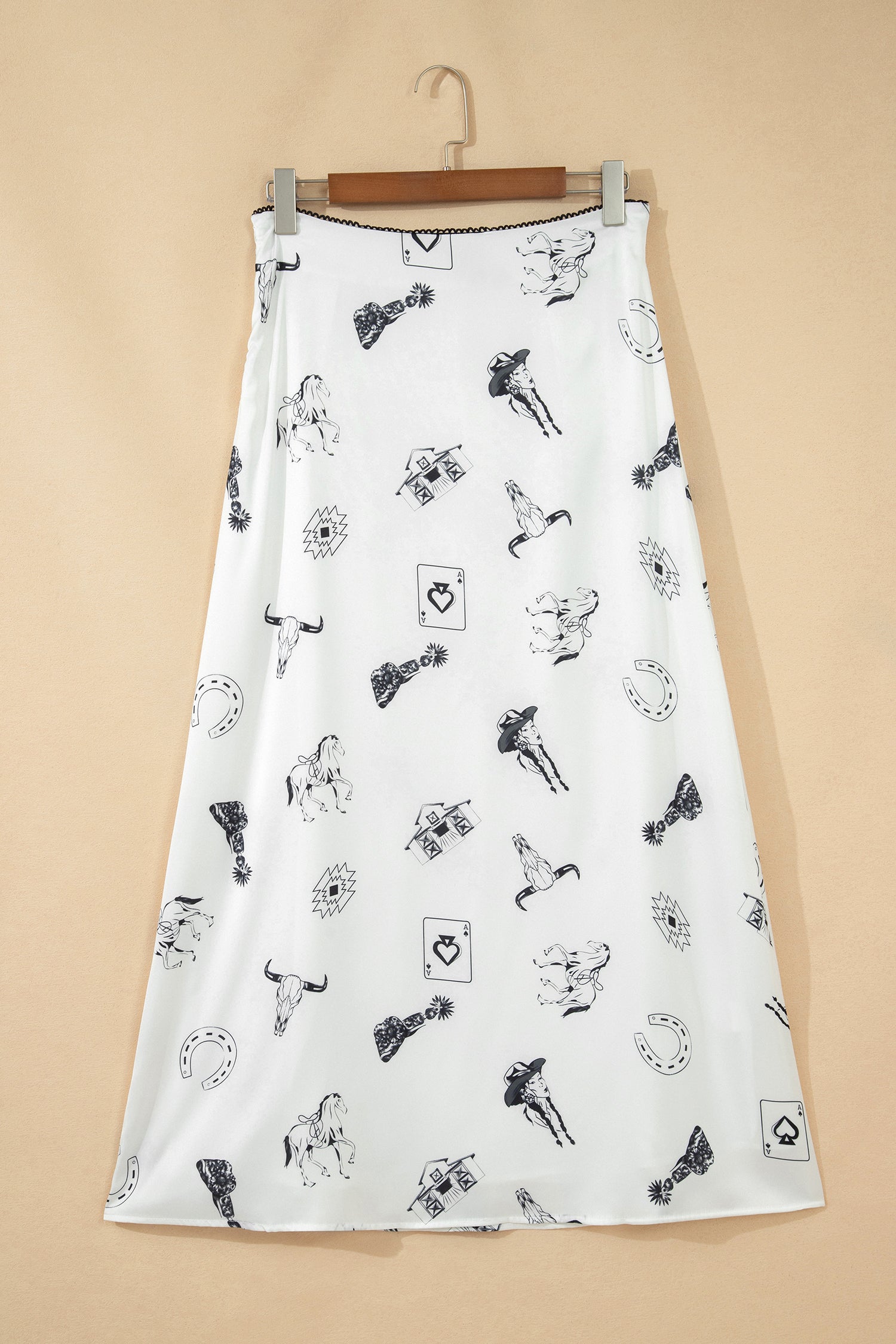 Western Print Satin Long Skirt – White
