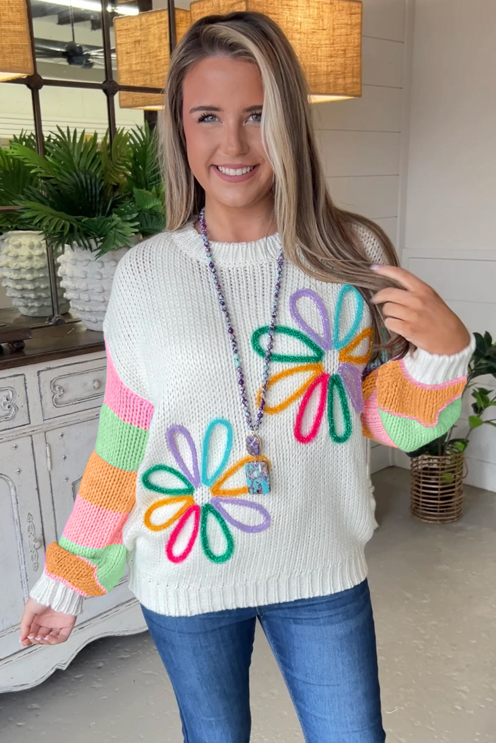 White Flower Graphic Colourblock Sleeve Crew Neck Sweater eAura