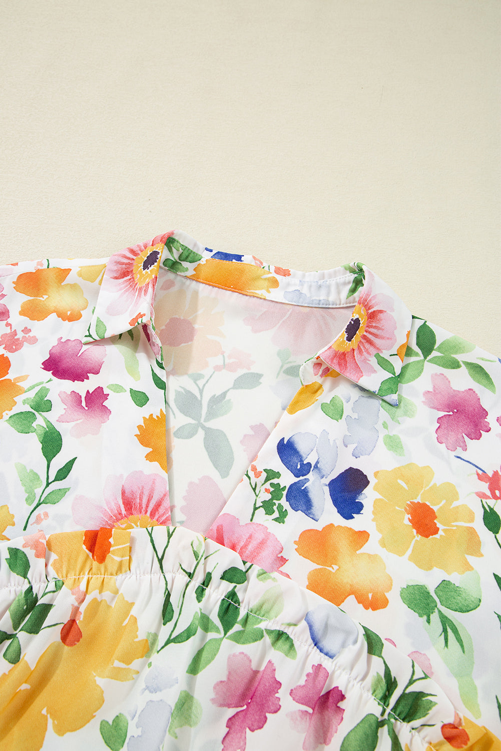Yellow Floral Boxy Fit Ruffled Short Sleeve V Neck Blouse eAura