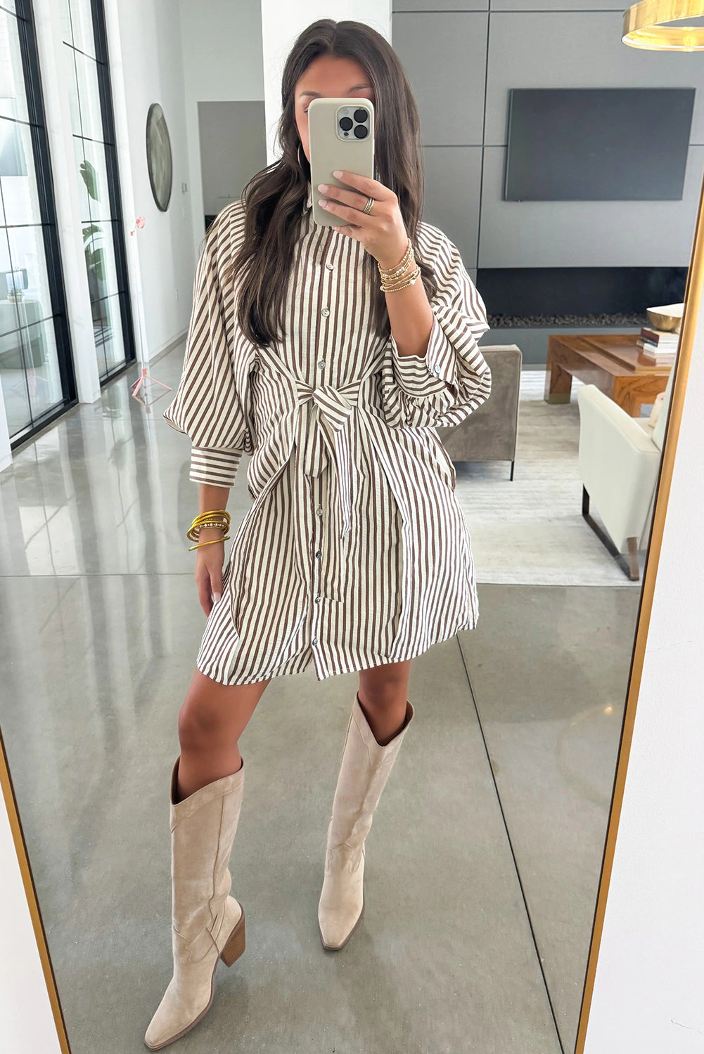 Stripe Knot Waist Puff Sleeve Button Down Mini Shirt Dress