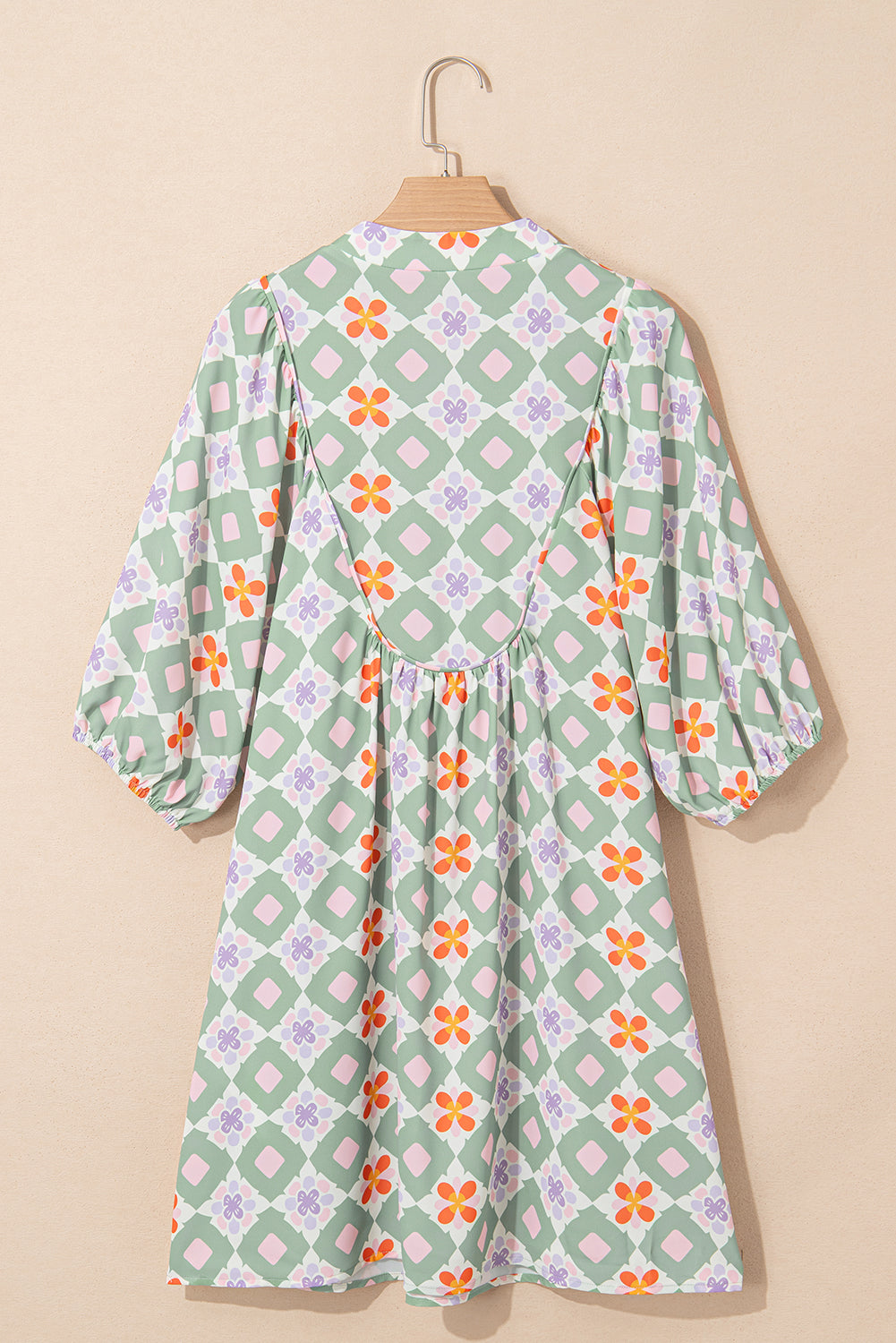 Green Geometric Floral Print 3/4 Sleeve Notched Neck Mini Dress eAura