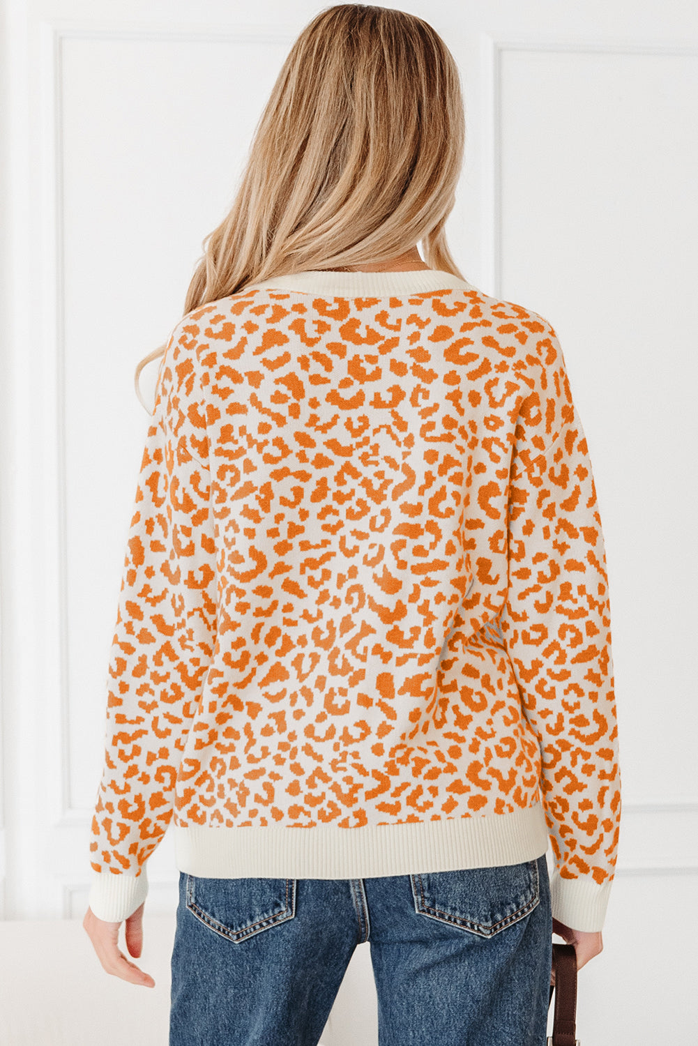 Leopard Print Drop Shoulder Chunky Knit Cardigan - eAura