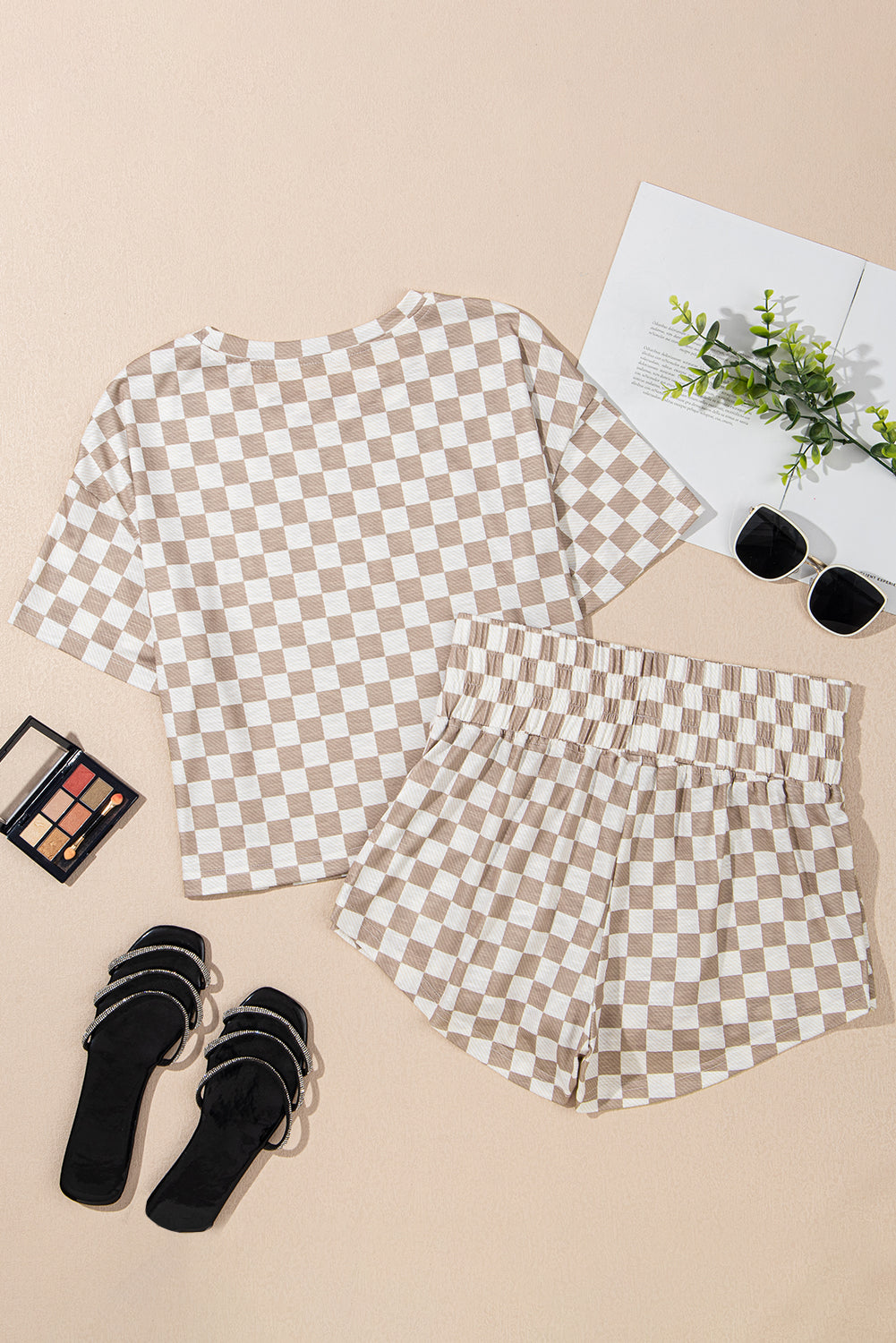 Brown Checkerboard T Shirt and High Waist Skorts 2 Piece Outfit Co-ord eAura