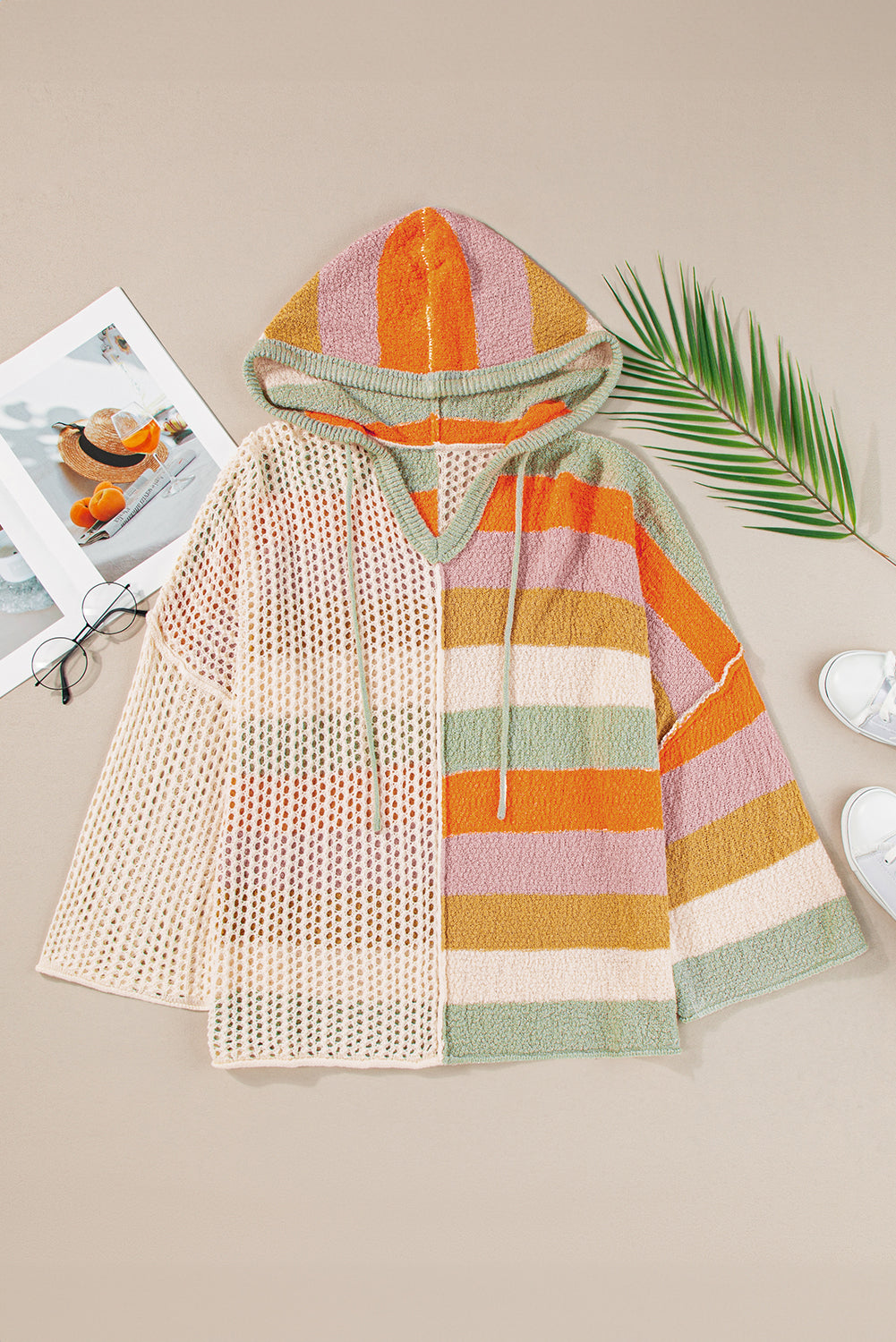 Beige Oversized Colourblock V Neck Hooded Sweater eAura