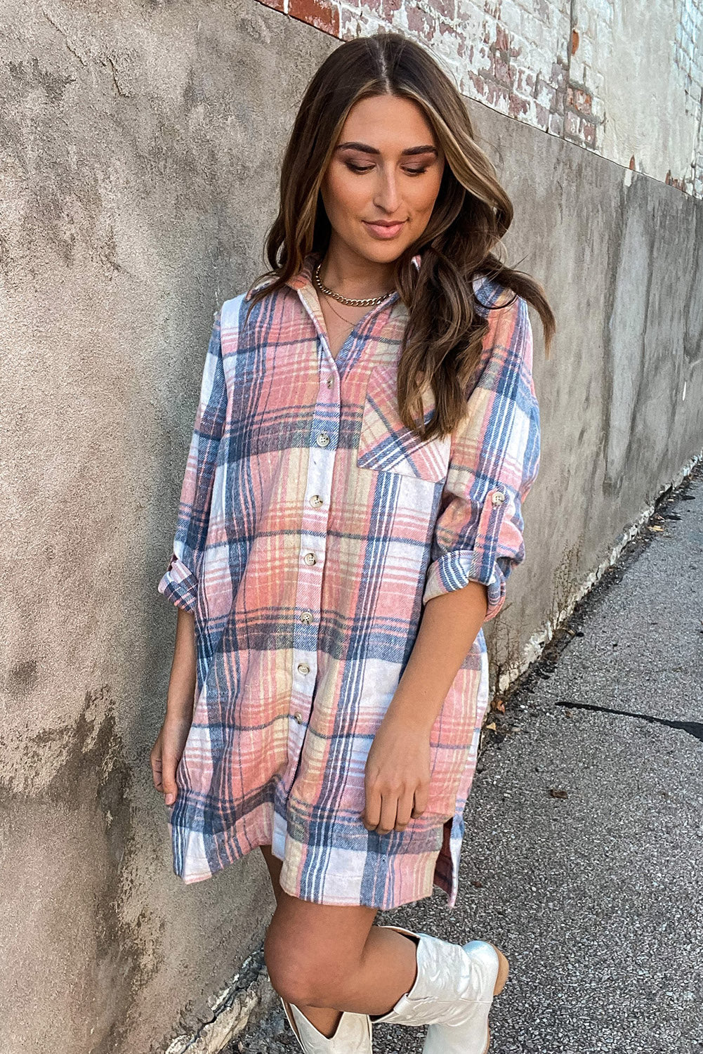Pink Plaid Roll-tab Sleeve Side Slit Shirt Dress eAura
