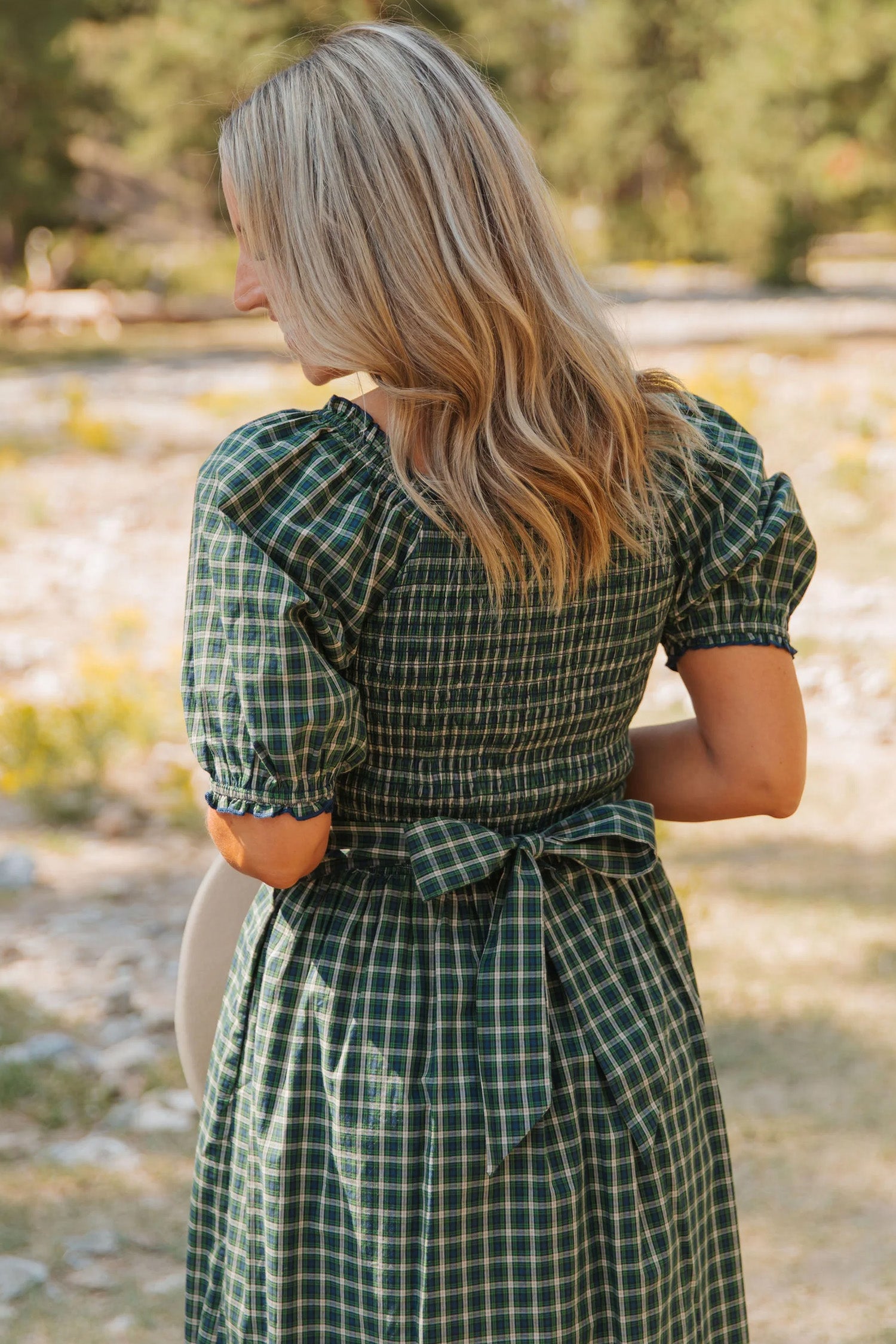 Plaid Square Neck Shirred High Waist Ruffle Hem Dress – Green