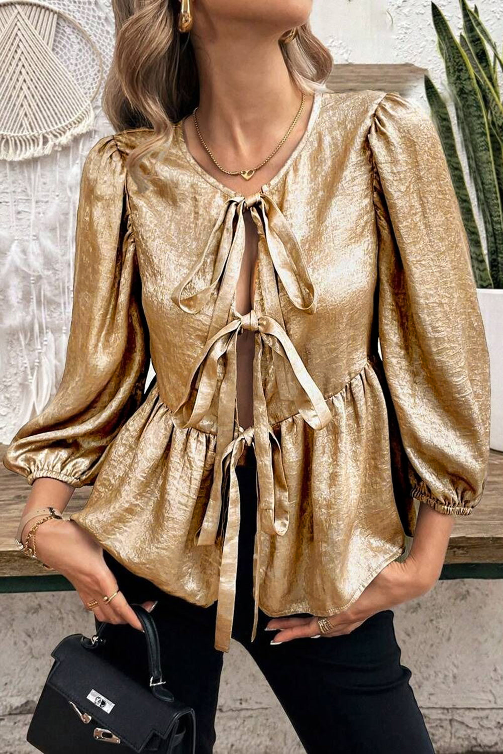 Gold Bow Tie Front Puff 3/4 Sleeve Ruffle Hem Blouse - eAura
