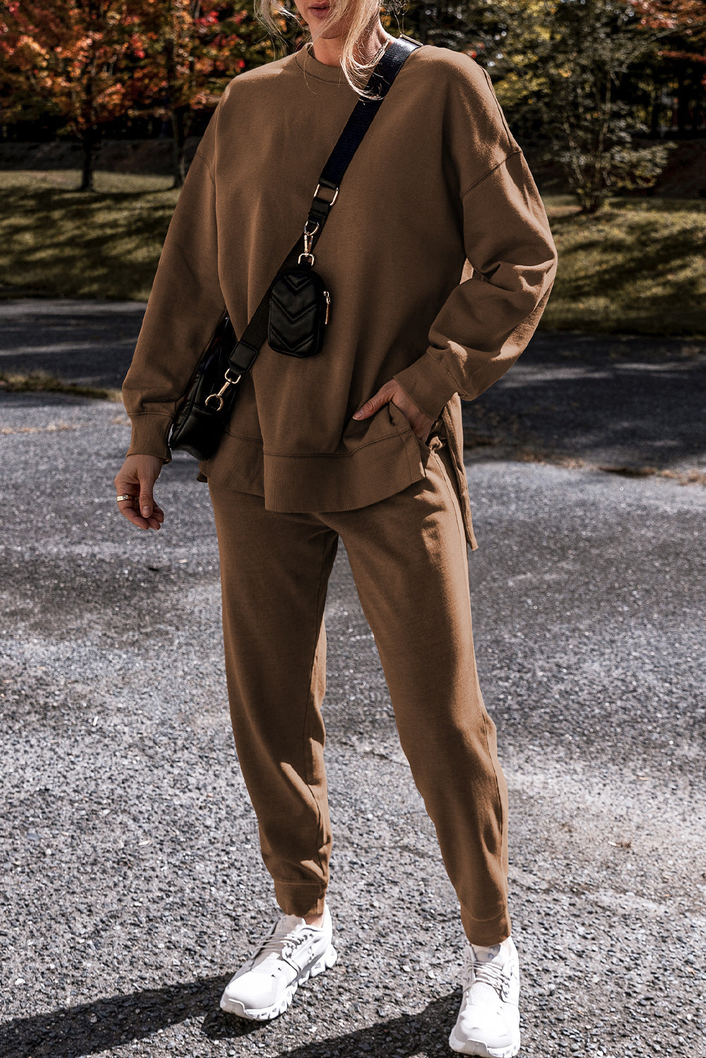 Coffee Solid Color High Low Pullover and Skinny Pants Set BB Fashion Outlet