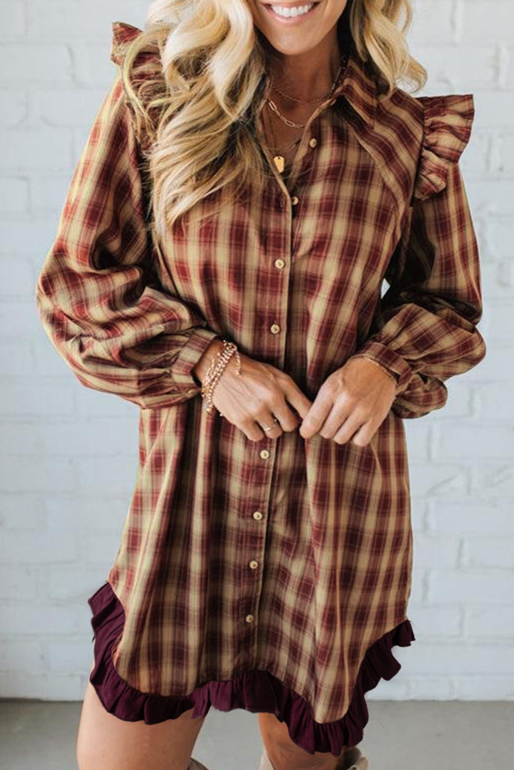 Plaid Print Ruffled Long Sleeve Hem Mini Shirt Dress - eAura
