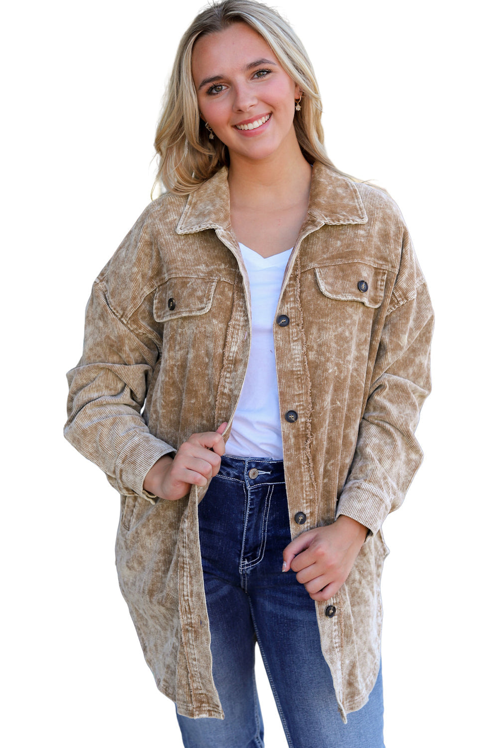 Khaki Vintage Distressed Mineral Wash Oversized Shacket eAura