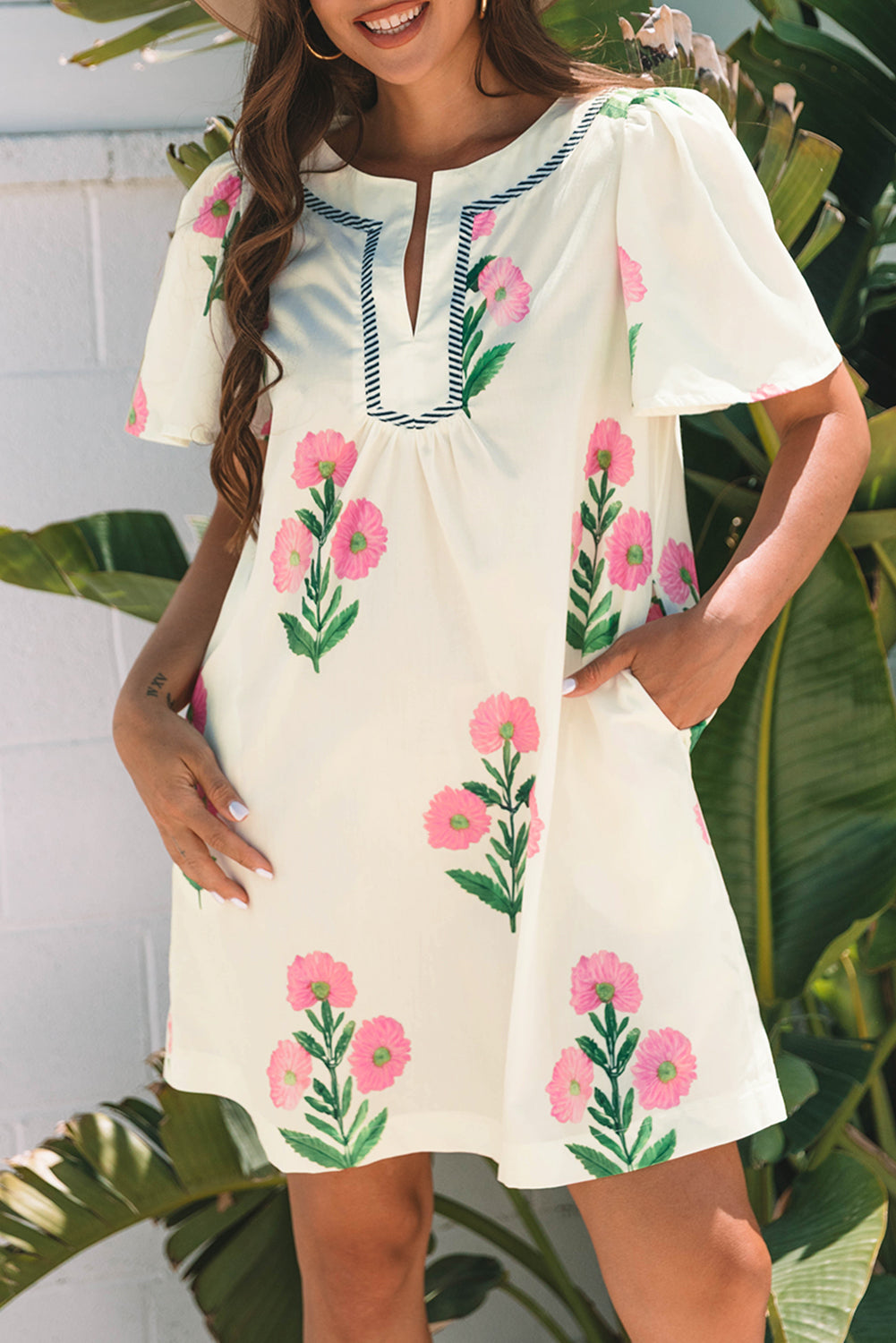 Floral Short Sleeve Split Neck Loose Mini Dress eAura