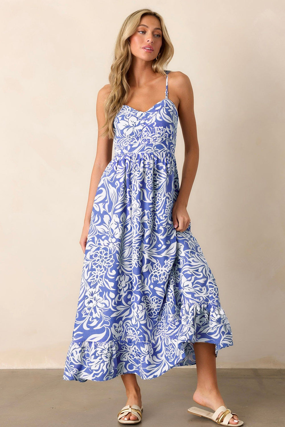 Sky Blue Floral Print Spaghetti Strap High Waist Maxi Dress eAura