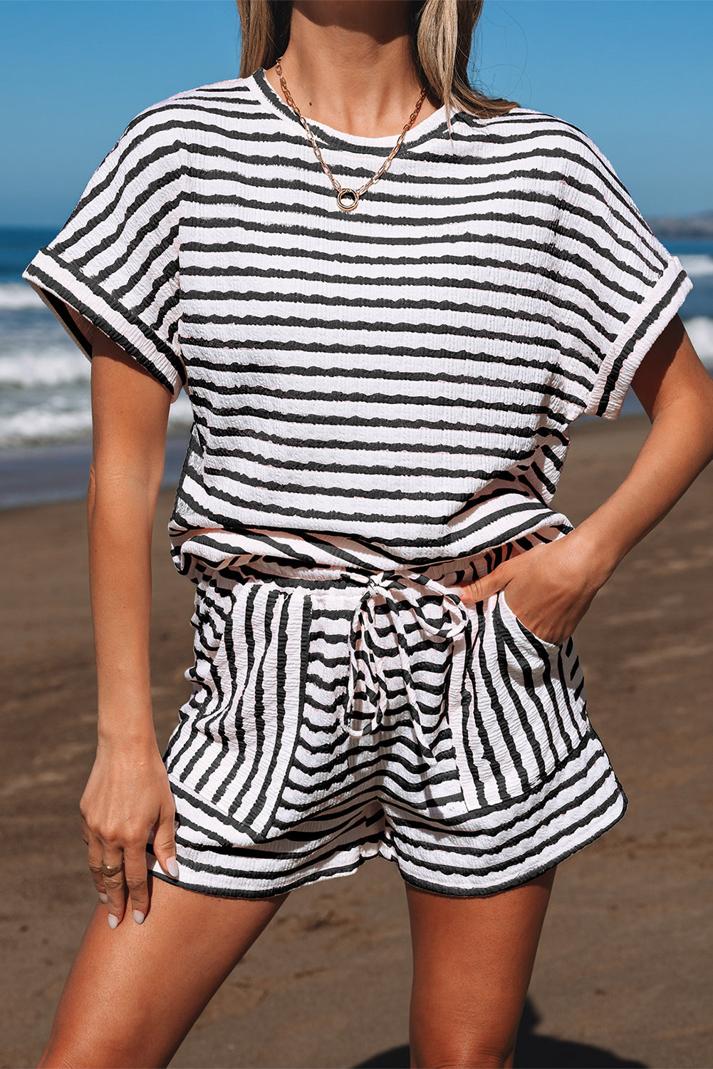 Black Stripe Knitted Short Sleeve Top and Drawstring Shorts Set eAura
